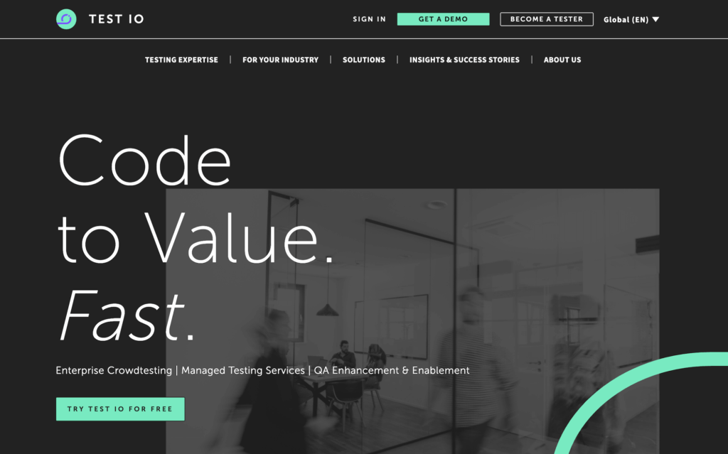 Test IO homepage: Code to Value. Fast.