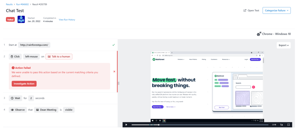 Chat Test: Action Failed example